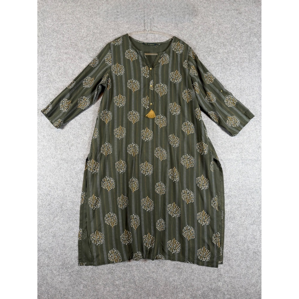 Avaasa Kurta Women XL Olive Green Rayon Tree Print Tassel Roll Tab Excellent